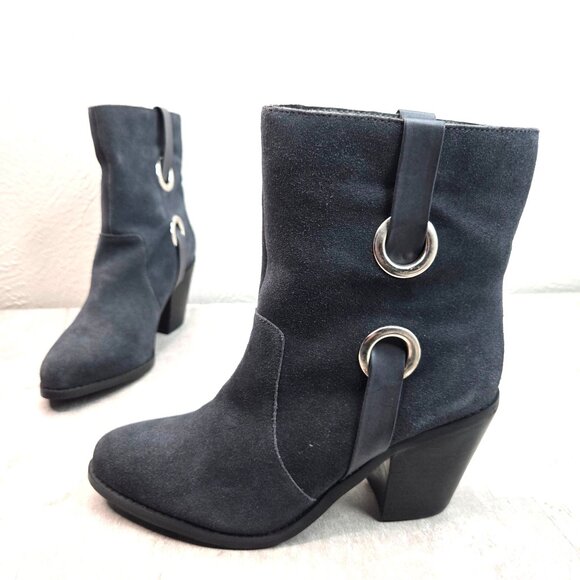 Very Volatile Moto Ankle Boots Block Heel Suede Navy Blue Western Boots Size 9 - Picture 1 of 13